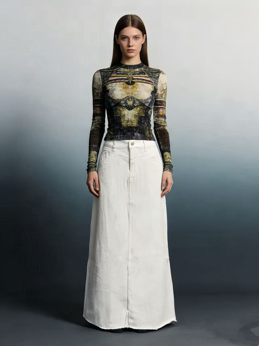 Damen Maxi-Denim-Rock mit hohem Bund und fransigem Saum