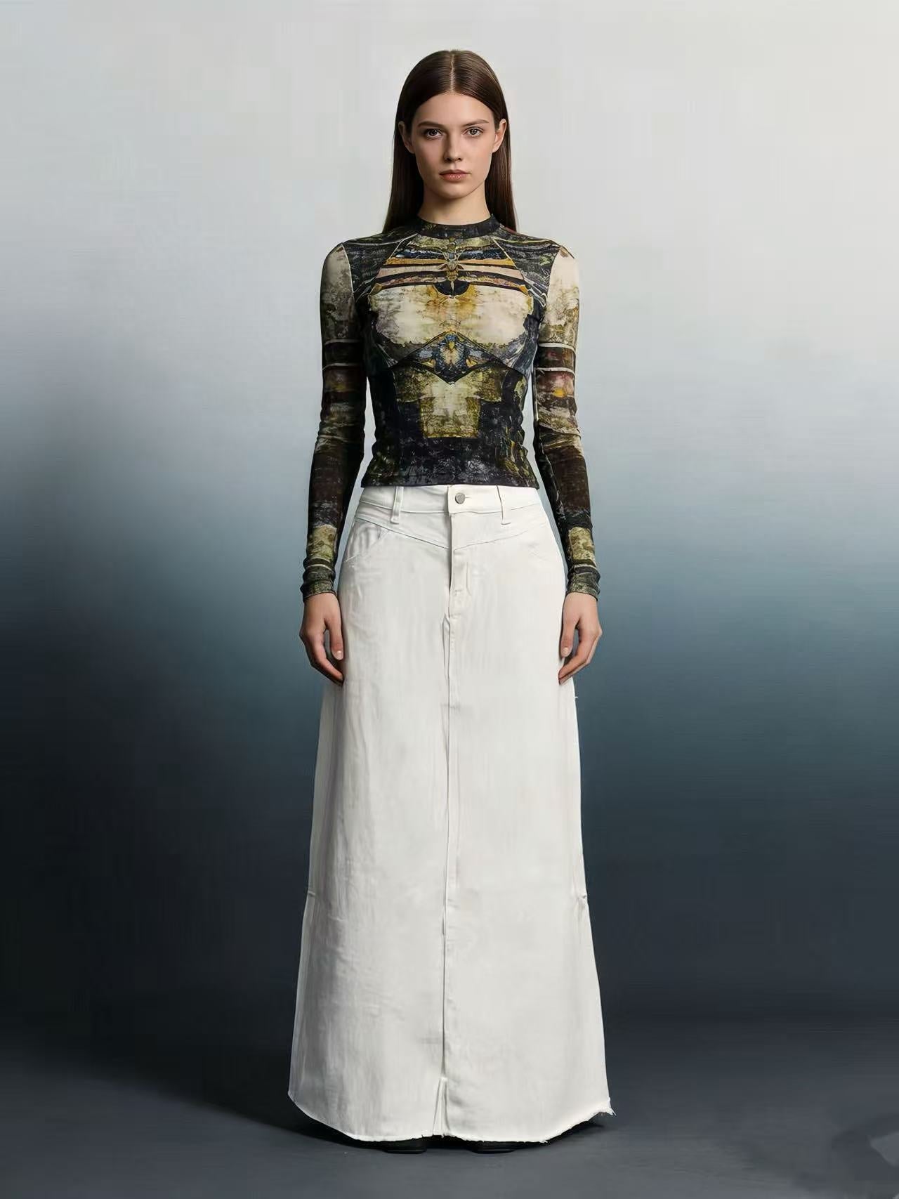 Damen Maxi-Denim-Rock mit hohem Bund und fransigem Saum
