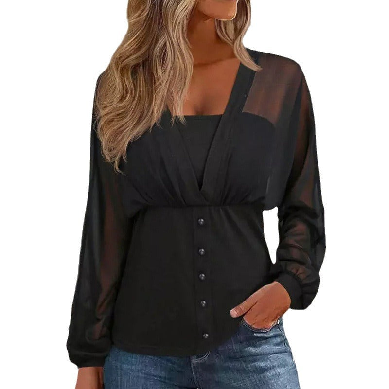 Damen transparentes Chiffon-Blusentop mit Knopfleiste und taillierter Passform Shop Nory