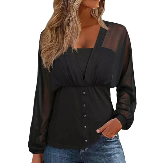 Damen transparentes Chiffon-Blusentop mit Knopfleiste und taillierter Passform Shop Nory