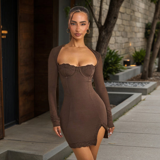 Damen nan figurbetontes Langarm-Minikleid mit Korsettoptik, geformten Cups und Spitzendetail Shop Nory