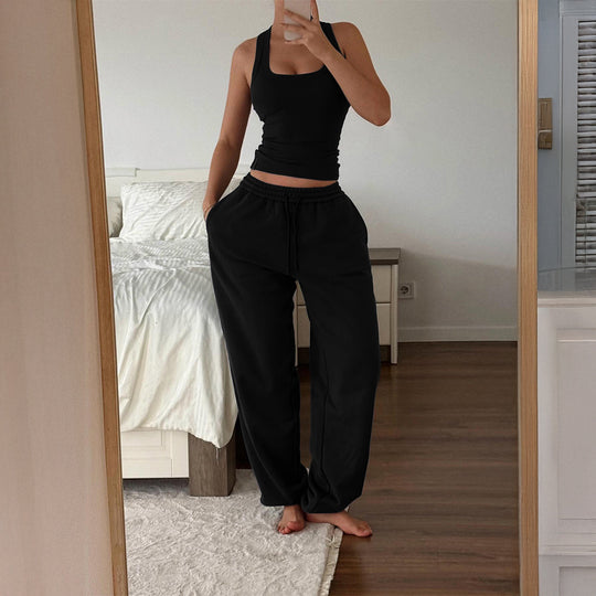 Damen nan weite High‑Waist Loungehose mit Kordelzug elastischem Komfortbund und Eingrifftaschen Shop Nory