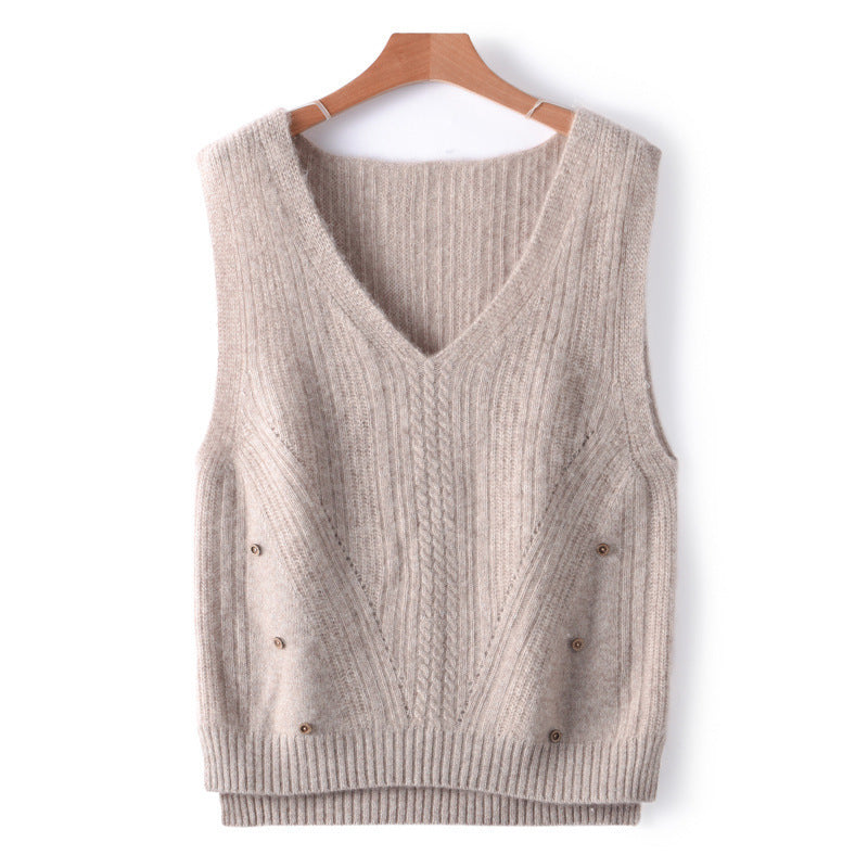 Damen Strick-Longweste mit V-Ausschnitt, Zopfmuster und seitlicher Knopfleiste Shop Nory