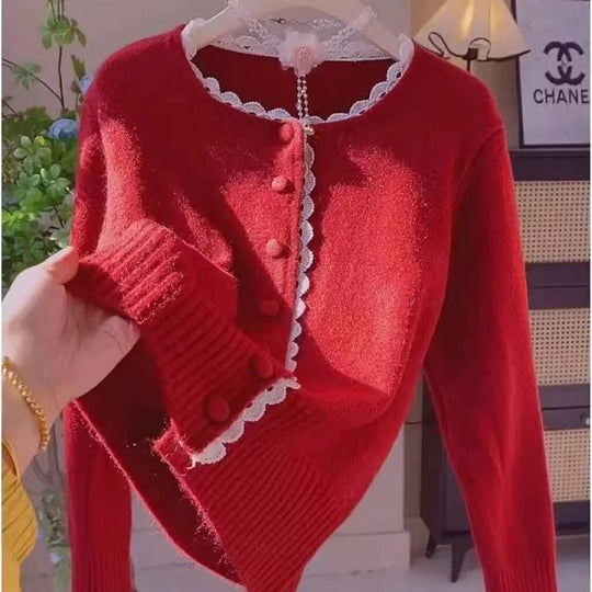 Damen Verspielte Strickjacke mit Spitzenelementen Shop Nory