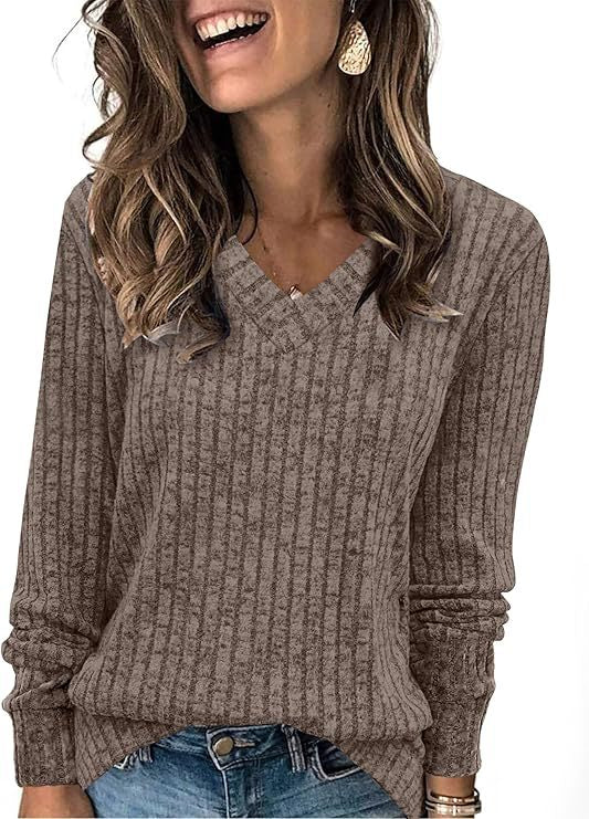 Damen Gerippter V‑Ausschnitt Feinstrickpullover mit lässiger Oversize-Passform Shop Nory