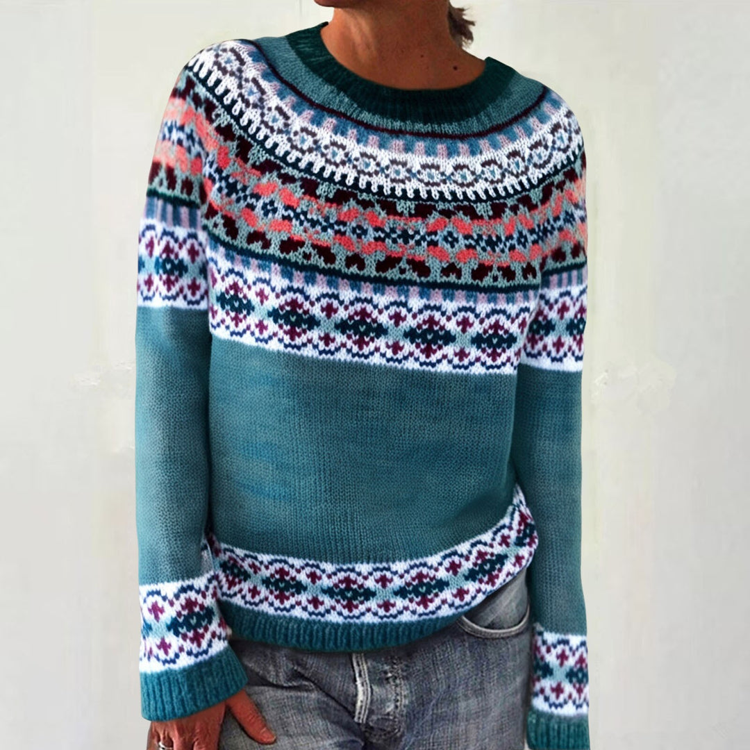 Damen nan melierter Rundhalsausschnittpullover mit kreisförmigem Jacquard-Yoke und geripptem Saum Shop Nory
