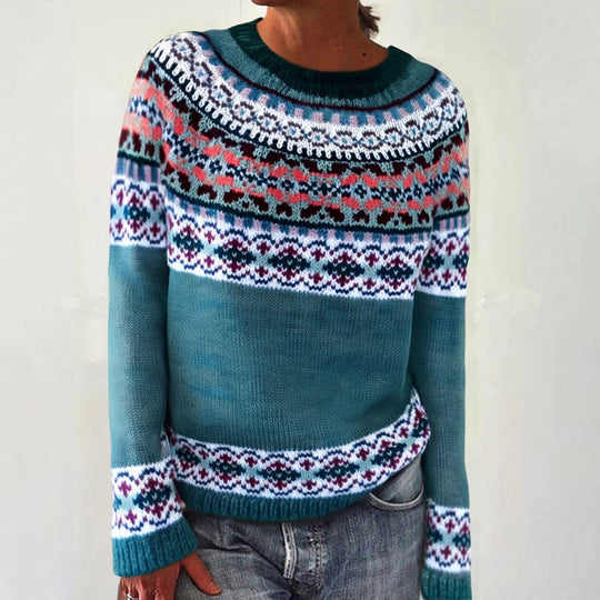 Damen nan melierter Rundhalsausschnittpullover mit kreisförmigem Jacquard-Yoke und geripptem Saum Shop Nory