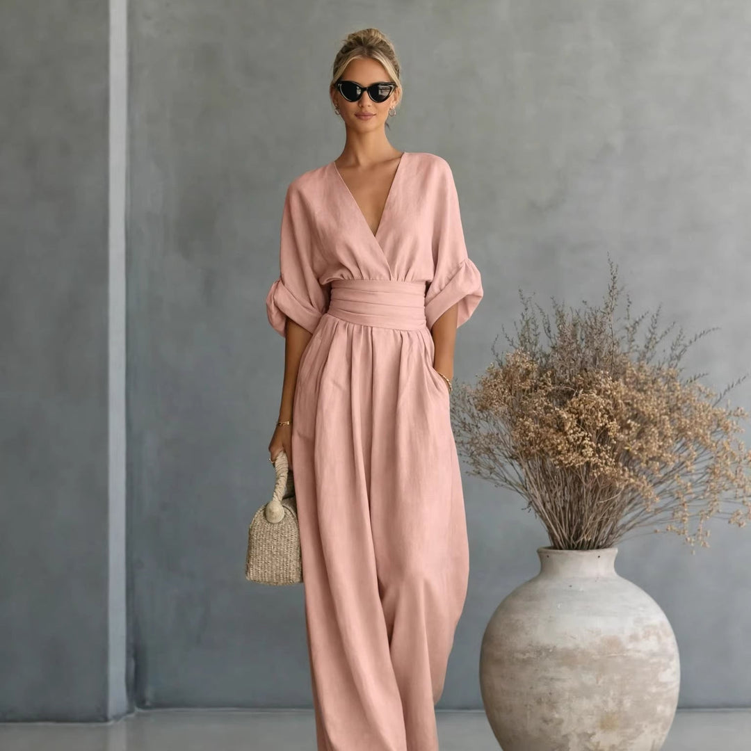 Damen Weit geschnittener Jumpsuit mit eleganten Drapierungen und V-Ausschnitt Shop Nory
