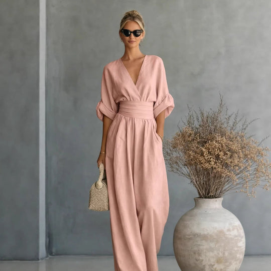 Damen Weit geschnittener Jumpsuit mit eleganten Drapierungen und V-Ausschnitt Shop Nory