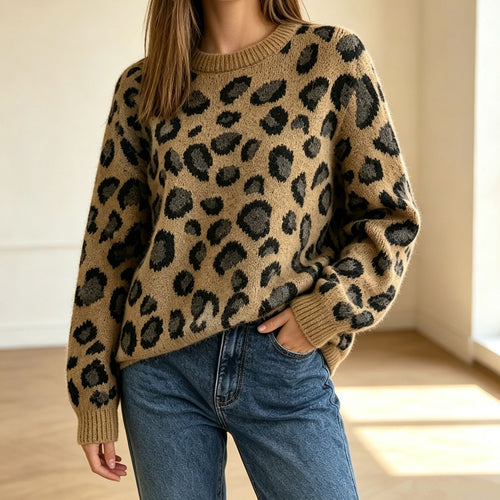Damen Kuscheliger Rundhalspullover im Leo-Jacquard mit entspanntem Oversize-Schnitt Shop Nory