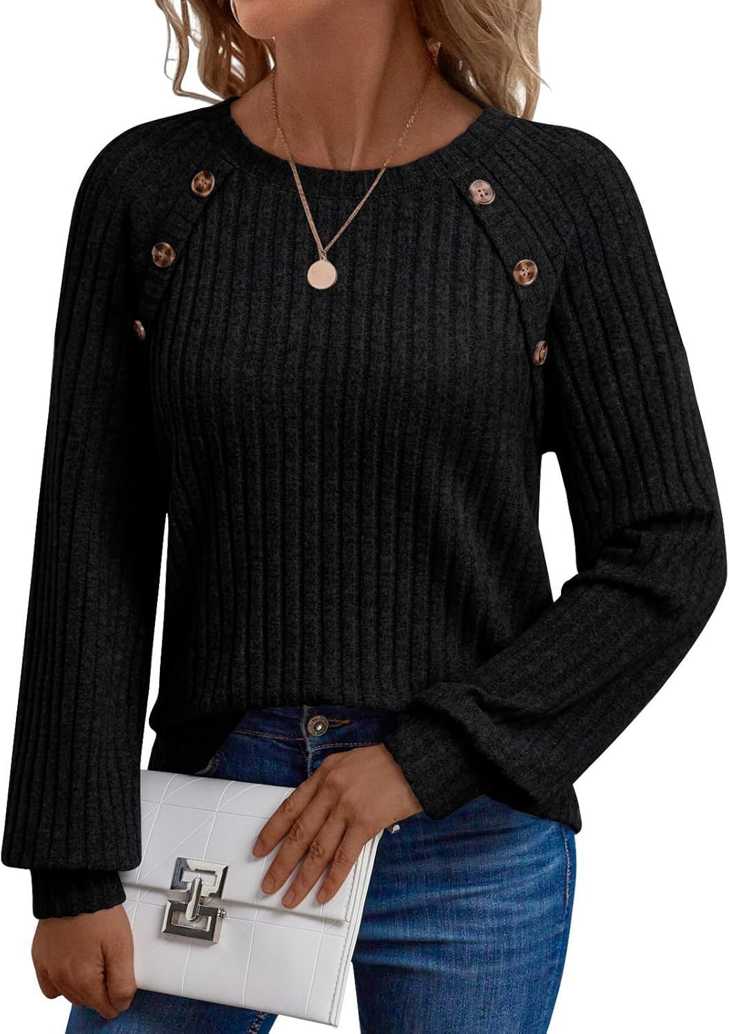 Damen Gerippter Strickpullover mit Zierknopfleiste an Raglanärmeln Shop Nory