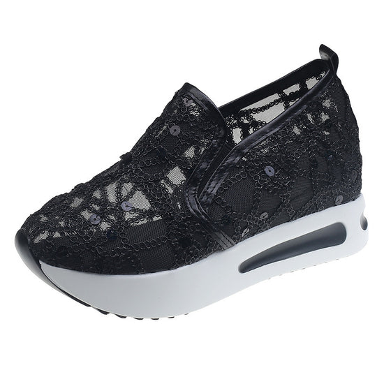 Damen Elegante Keil-Slipper mit transparentem Mesh, Paillettenstickerei und dämpfender Plateau-Sohle Shop Nory