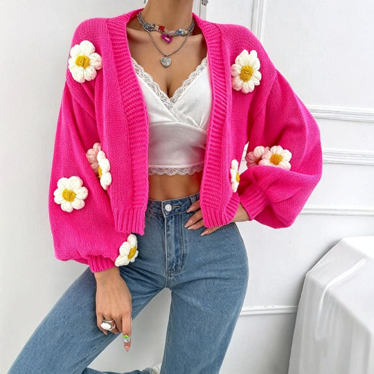 Damen Kurzgeschnittener Grobstrick-Cardigan mit 3D-Blütenapplikationen Shop Nory