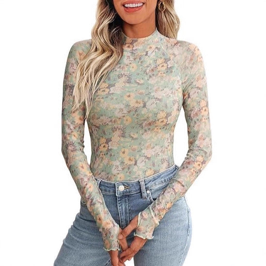 Damen Transparentes Mesh-Longsleeve mit Blumenprint und Stehkragen Shop Nory