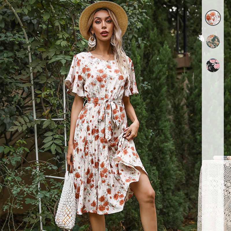 Damen Florales Midikleid mit Bindegürtel, Flatterärmeln und A-Linien-Schnitt Shop Nory