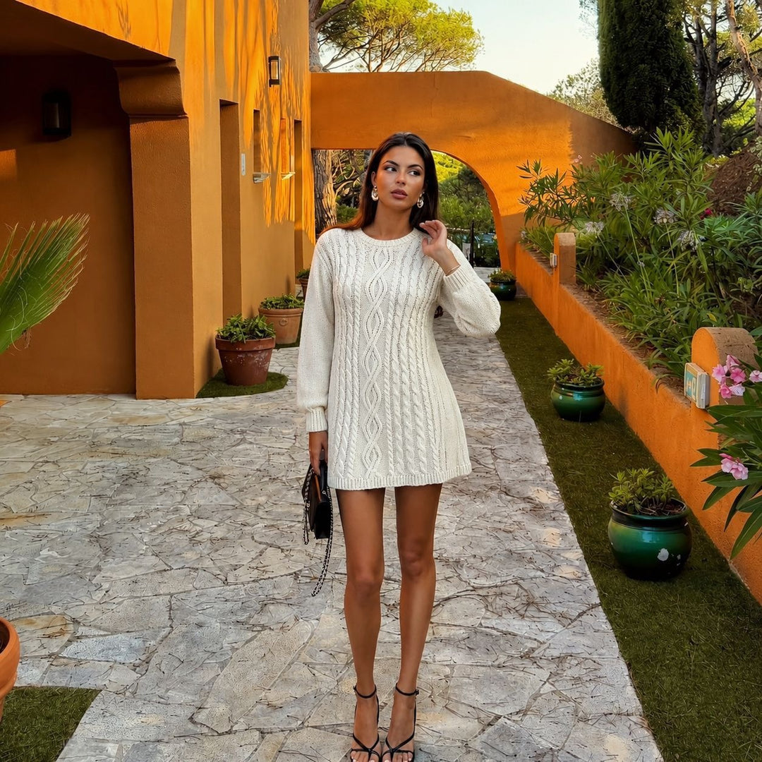 Damen Strickkleid mit Zopfmuster und Ballonärmeln Shop Nory