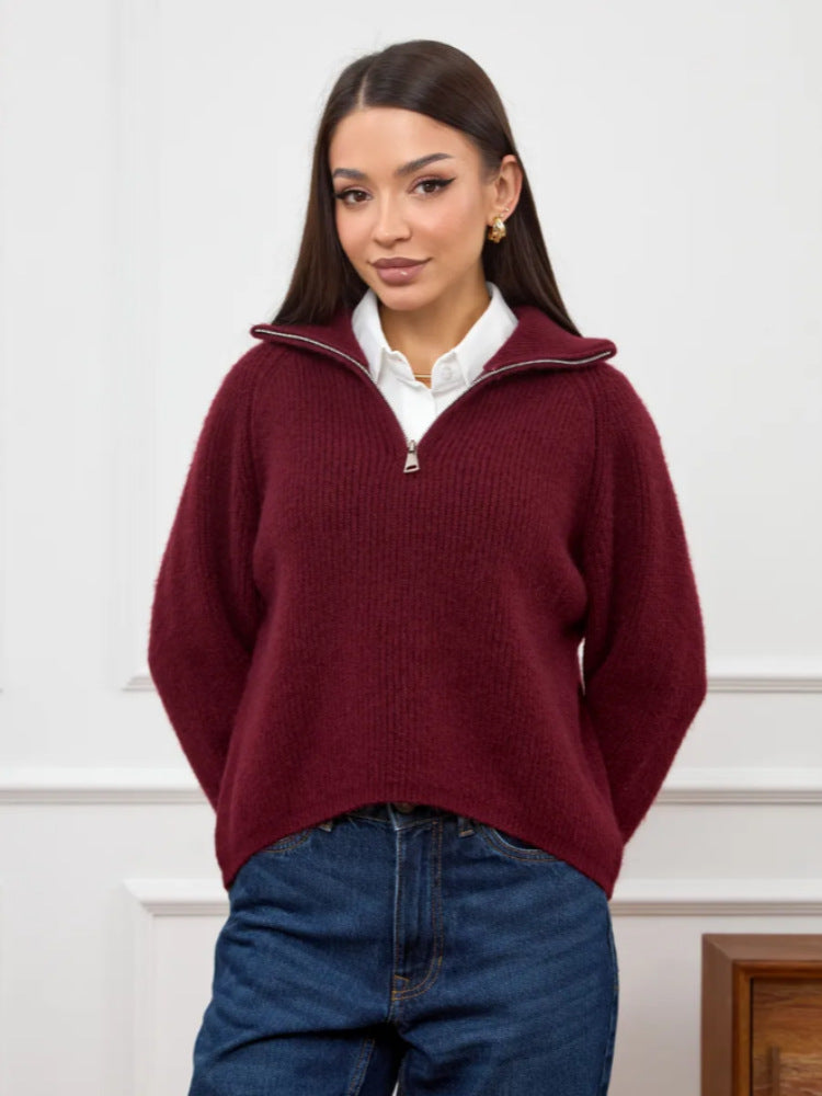 Damen Modischer Strickpullover mit Stehkragen und kurzer Reißverschluss Shop Nory
