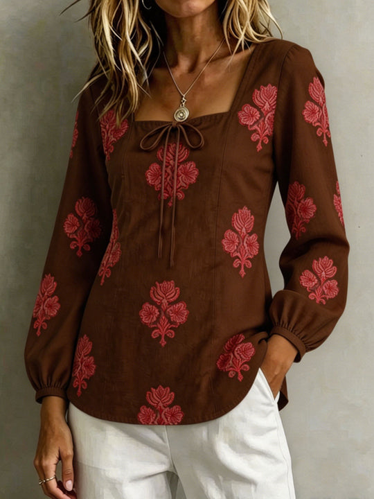 Damen Bestickte Tunika-Bluse mit quadratischem Ausschnitt und femininen Ballonärmeln Shop Nory