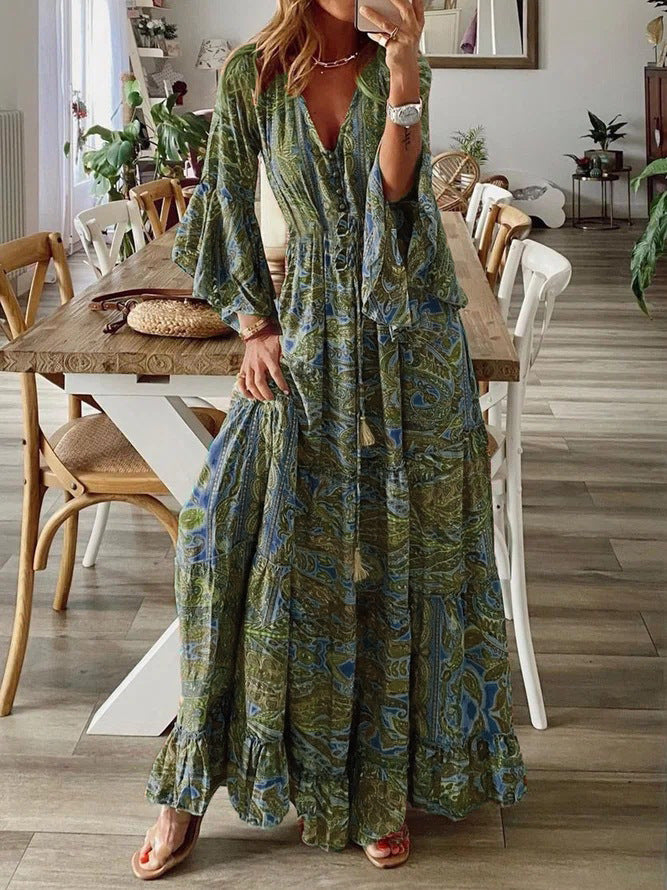 Damen Boho Maxikleid mit Paisley-Print, V-Ausschnitt, Stufenrock und Bindegürtel Shop Nory