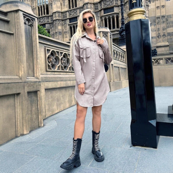 Damen Oversized-Hemdblusenkleid mit aufgesetzten Pattentaschen und geschwungenem Saum Shop Nory