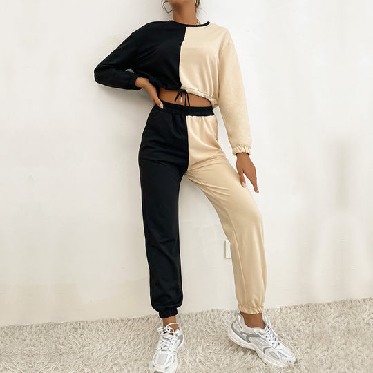 Damen Zweiteiliges Cropped-Lounge-Set mit Farbblock-Optik, Kordelzug und Jogger Shop Nory