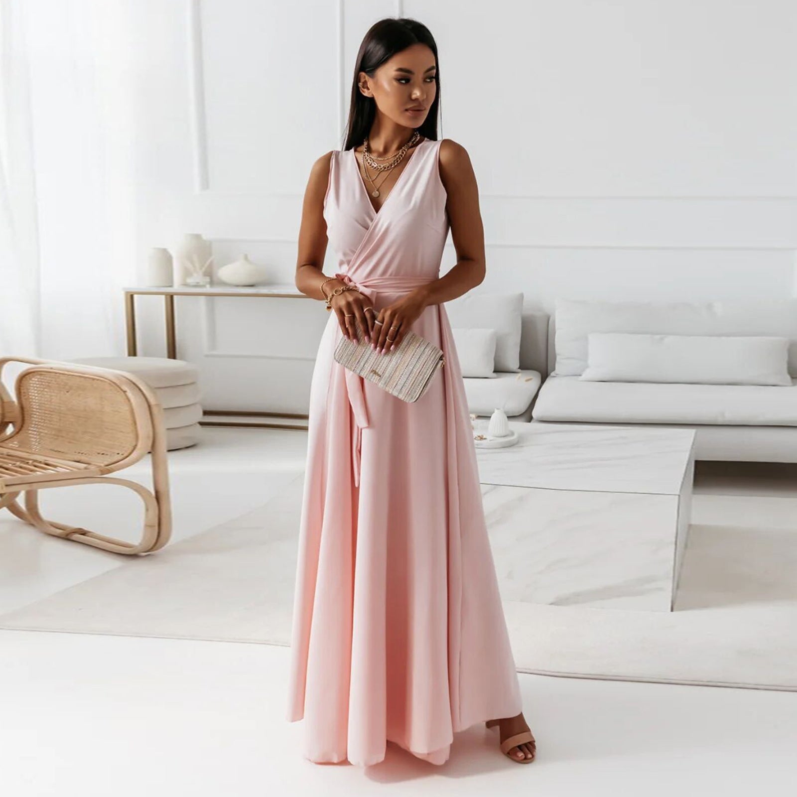 Damen Wickel-Maxikleid mit tiefem V-Ausschnitt und fließendem Schnitt