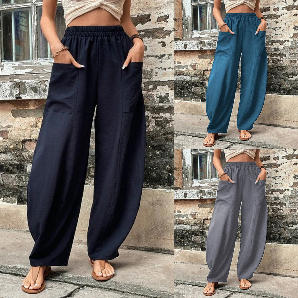 Damen Weite Leinen-Relaxhose mit praktischen Eingrifftaschen