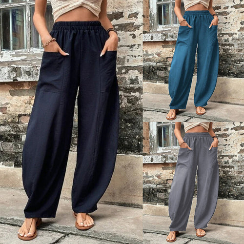 Damen Weite Leinen-Relaxhose mit praktischen Eingrifftaschen