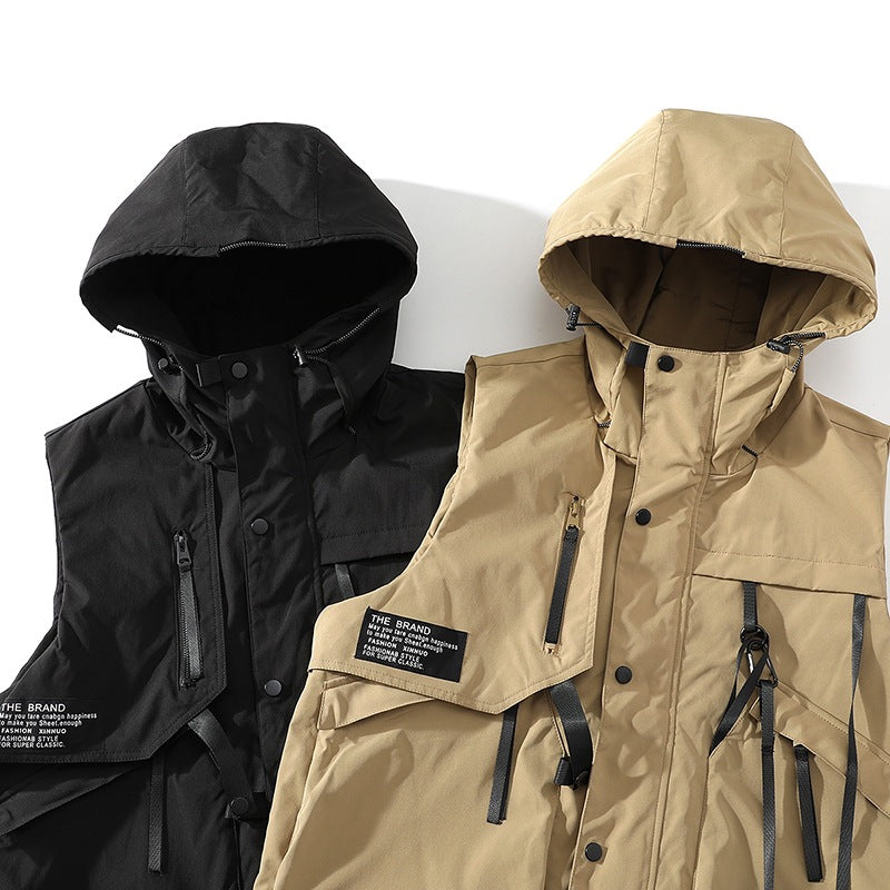 Herren funktionale Outdoor-Weste mit verstellbarem Kapuzendesign und vielseitigen Taschen Shopnory