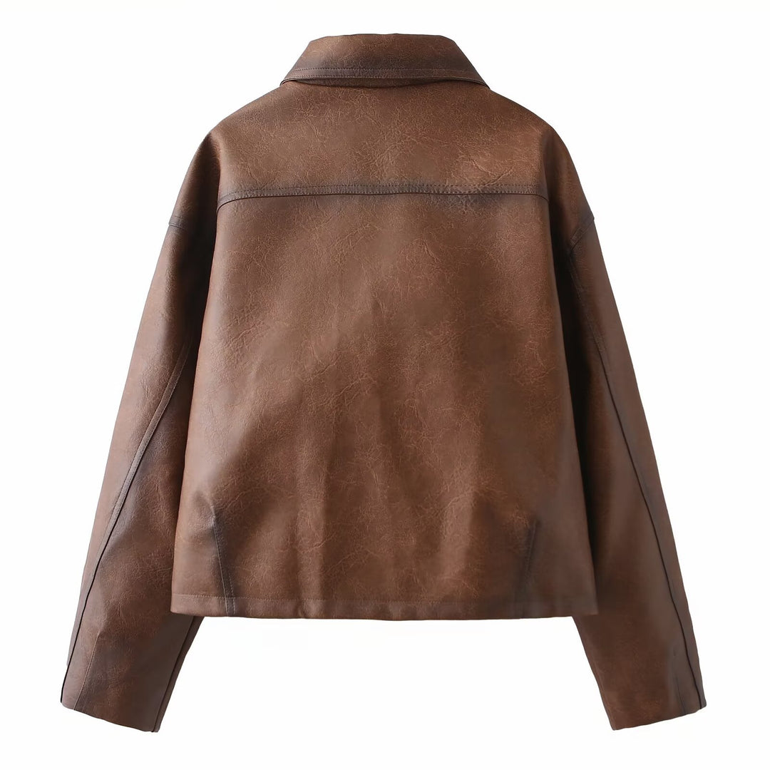 Damen Kurze Oversize-Lederimitatjacke mit Hemdkragen und aufgesetzten Pattentaschen Shop Nory