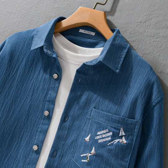 Herren Texturiertes Chambray-Overshirt mit maritimer Stickerei und Brusttasche Shop Nory