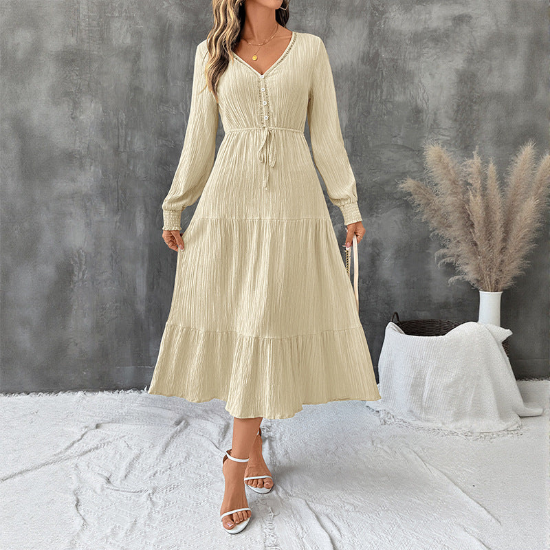 Damen Crinkle-Midikleid mit V-Ausschnitt, Knopfleiste, tailliertem Bindegürtel und Stufenrock Shop Nory