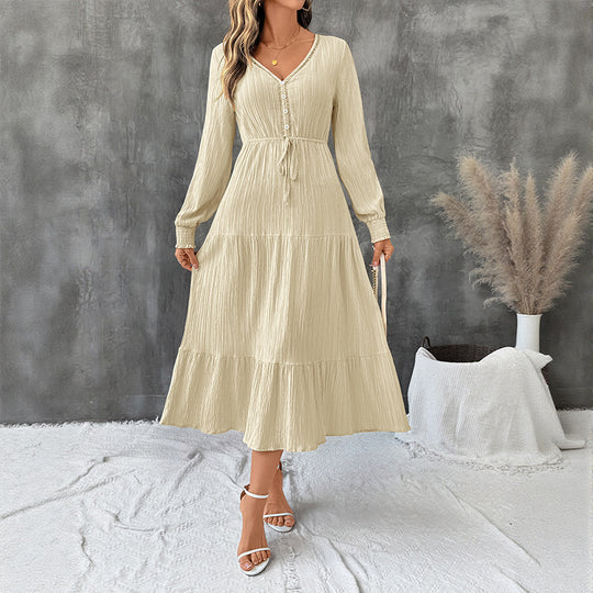 Damen Crinkle-Midikleid mit V-Ausschnitt, Knopfleiste, tailliertem Bindegürtel und Stufenrock Shop Nory