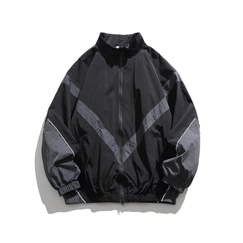 Herren Leichte Oversize Windbreaker-Jacke mit Chevron-Paneelen, Stehkragen und elastischem Saum Shop Nory