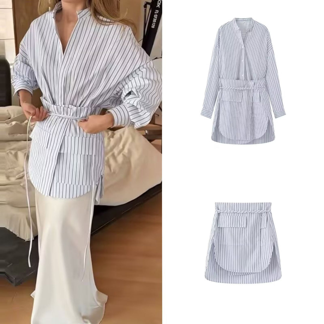 Damen Zweiteiliges gestreiftes Hemdblusen-Minikleid mit Wickel-Taillengürtel und separatem Minirock Shop Nory
