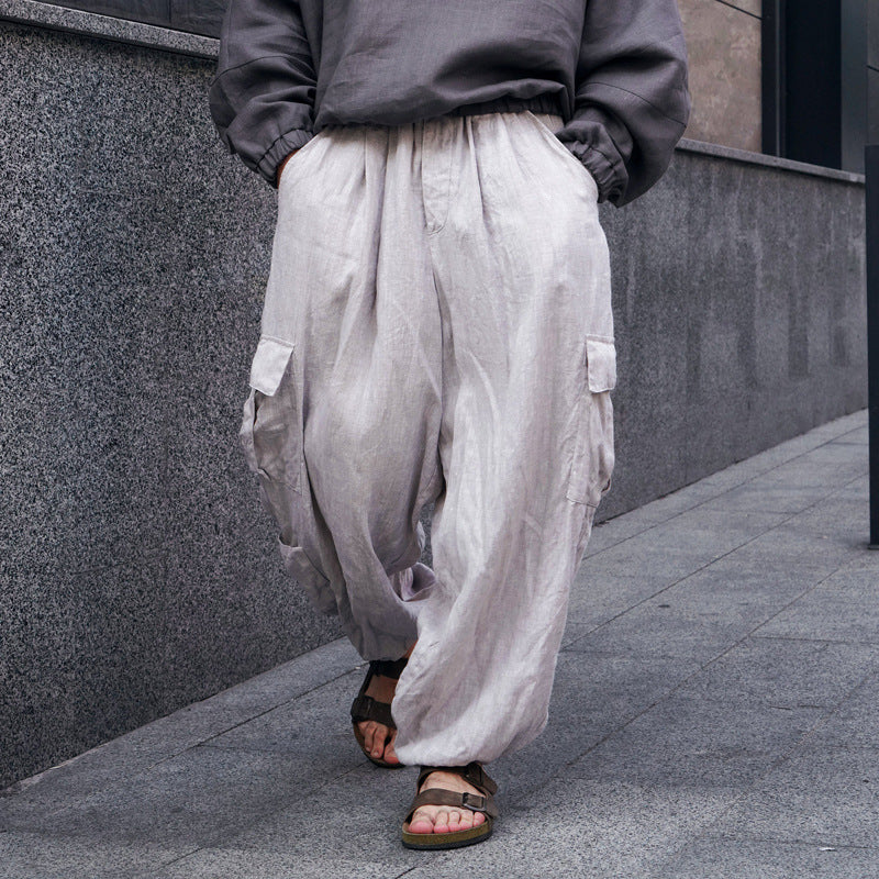 Herren Weite Leinen-Cargohose mit elastischem Bund, Falten und aufgesetzter Seitentasche Shop Nory