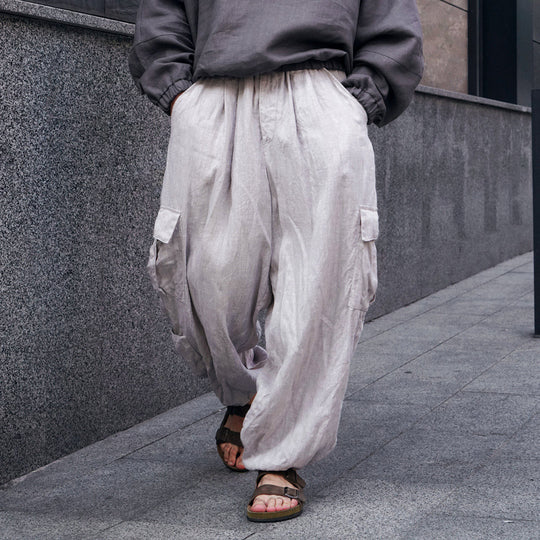 Herren Weite Leinen-Cargohose mit elastischem Bund, Falten und aufgesetzter Seitentasche Shop Nory