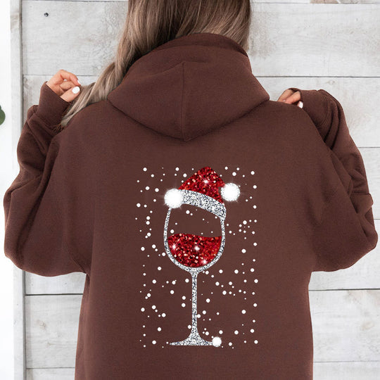 Damen Oversize Kapuzenpullover mit weihnachtlichem Glitzer-Weinglas-Print Shop Nory