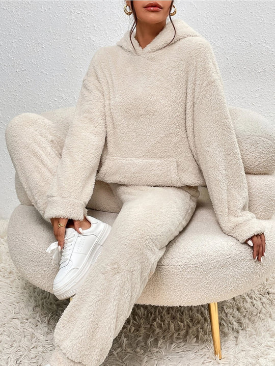 Damen nan kuscheliges Teddy-Fleece Hausanzug-Set mit Kapuze, Kängurutasche und elastischer Jogginghose Shop Nory