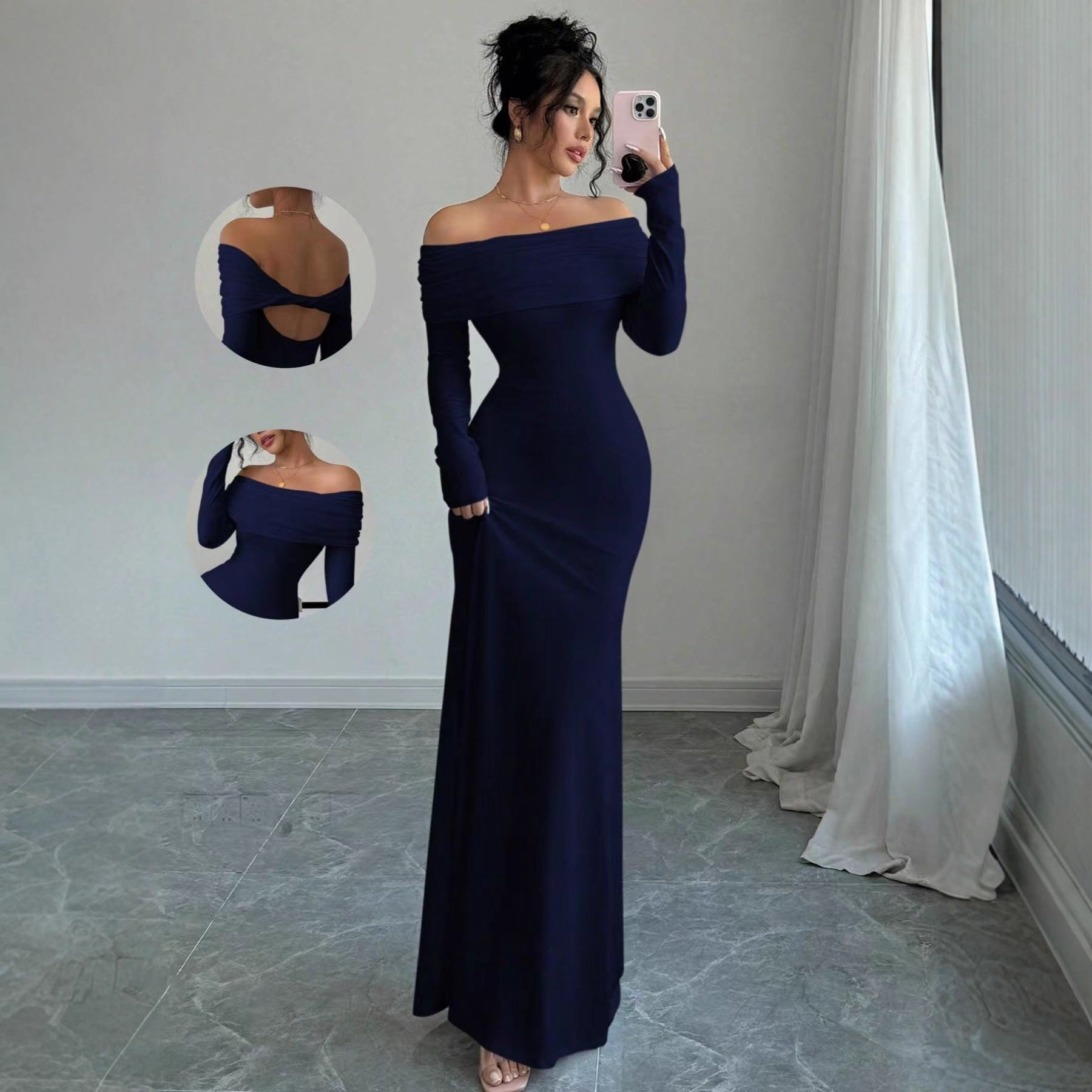 Damen Elegantes Off-Shoulder-Maxikleid mit figurbetontem Schnitt und langen Ärmeln