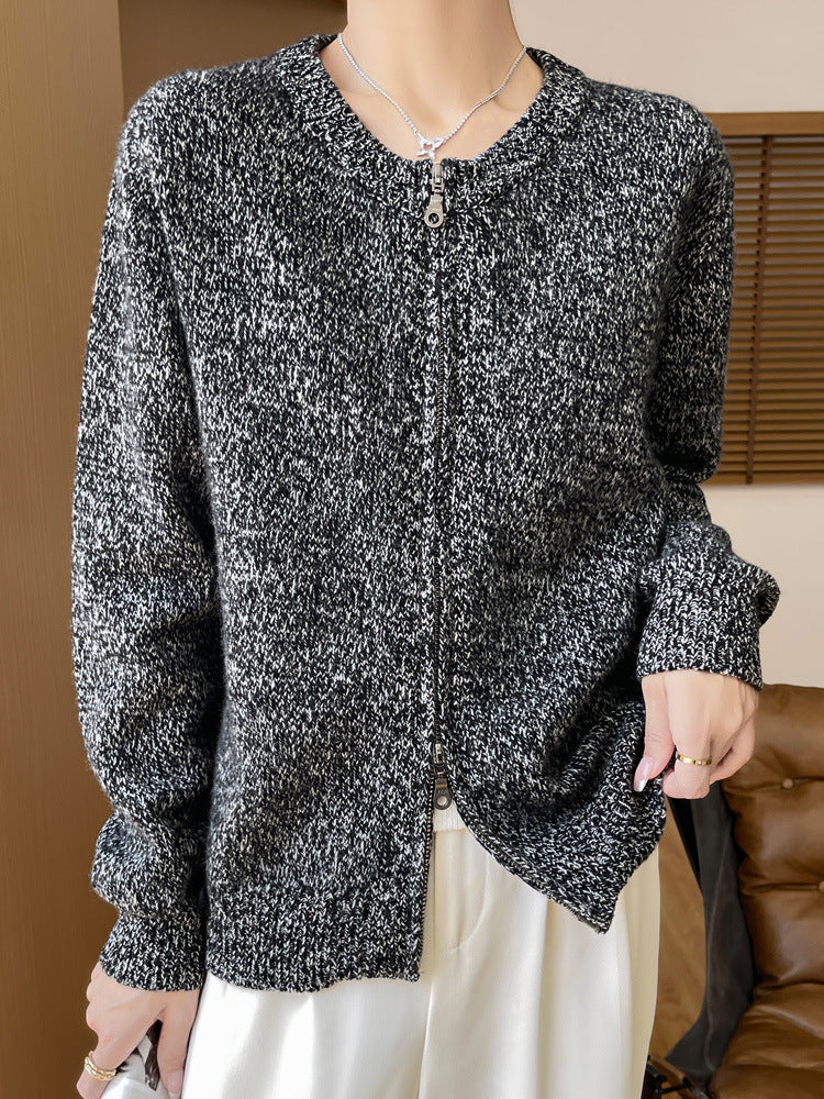 Damen Melierter Reißverschluss-Cardigan mit Zwei-Wege-Zipper und gerippten Bündchen Shop Nory