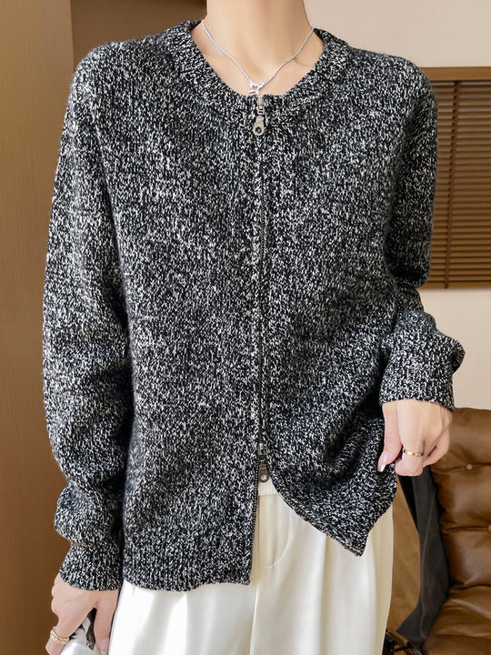 Damen Melierter Reißverschluss-Cardigan mit Zwei-Wege-Zipper und gerippten Bündchen Shop Nory