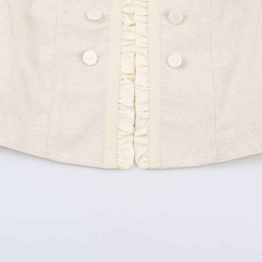 Damen Gekürzte taillierte Jacke mit Stehkragen Rüschenblende und Zierknöpfen Shop Nory