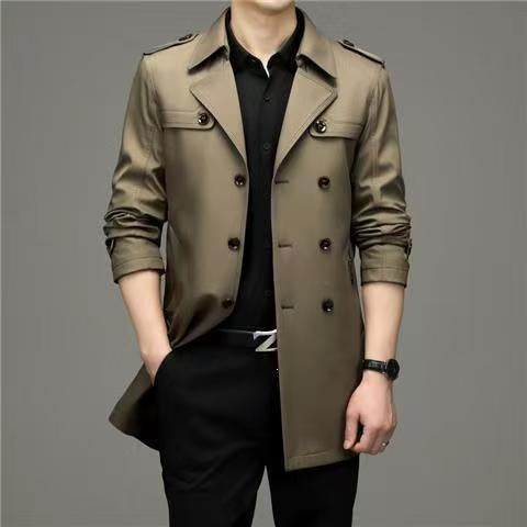 Herren Doppelreihiger taillierter Trenchcoat mit Schulterklappen Shop Nory