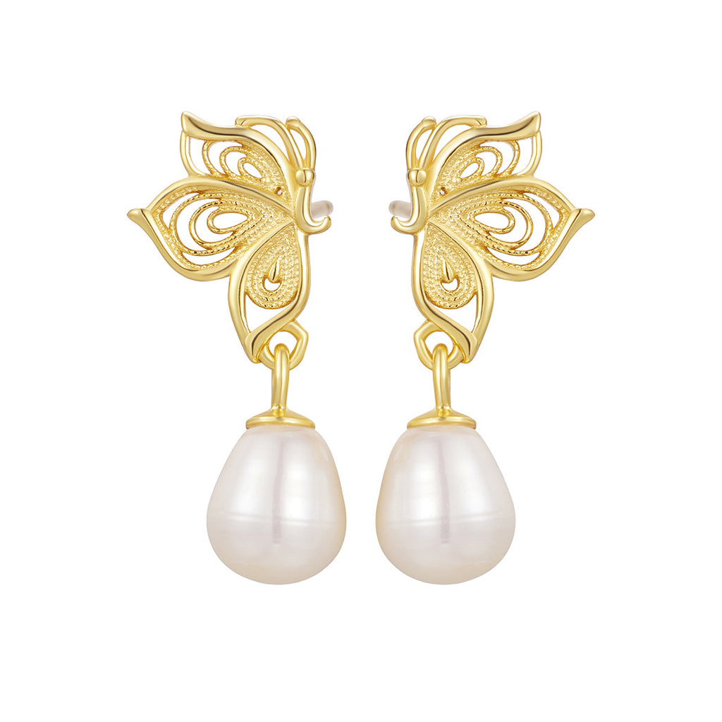 Damen elegante Ohrringe mit filigranem Schmetterlingsdesign und Perlenanhängern Shop Nory