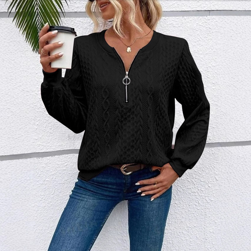 Damen grob strukturiertes Strickpullover mit Kabelmuster, halber Reißverschluss und Ballonärmel Shop Nory