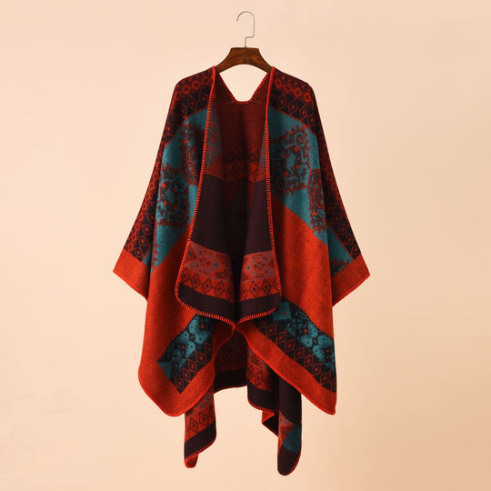 Damen Jacquard-Poncho im Deckenstil mit offener Front und Zierstich Shop Nory
