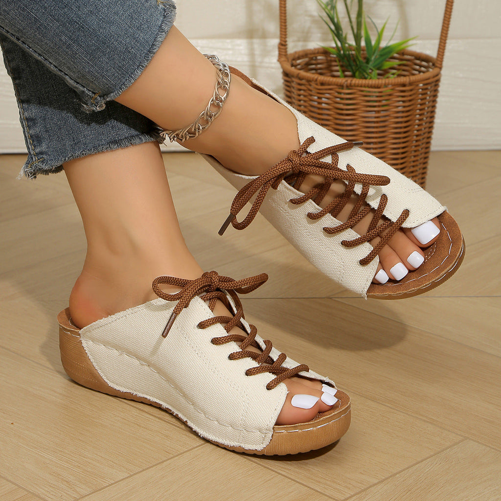 Damen bequeme Freizeit-Sandalen mit Schnürung und atmungsaktiver Textiloberfläche
