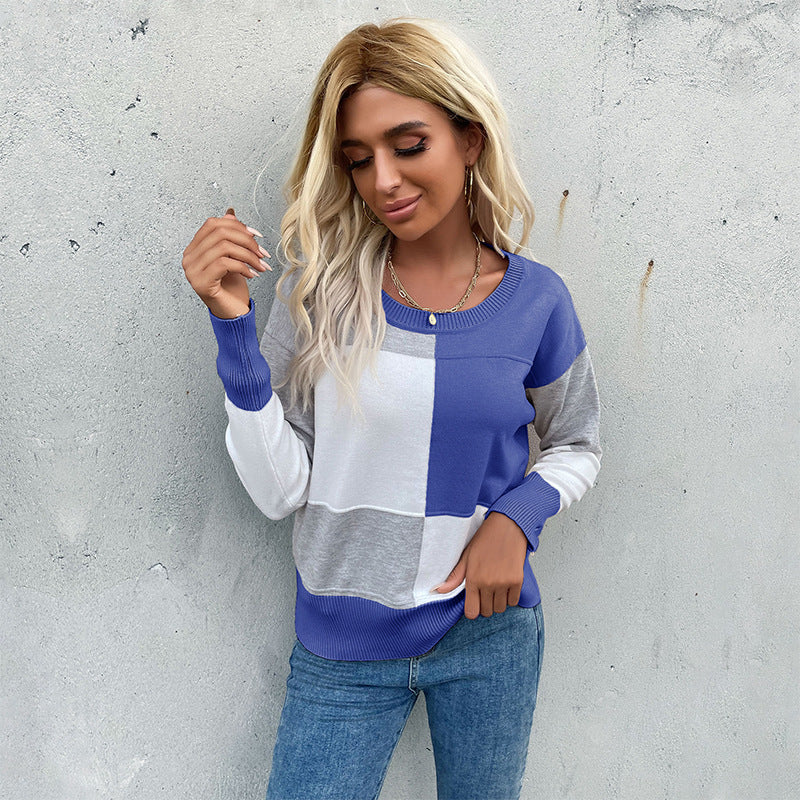 Damen Patchwork-Strickpullover mit kontrastierenden Feldern, Rundhalsausschnitt und gerippten Abschlüssen Shop Nory
