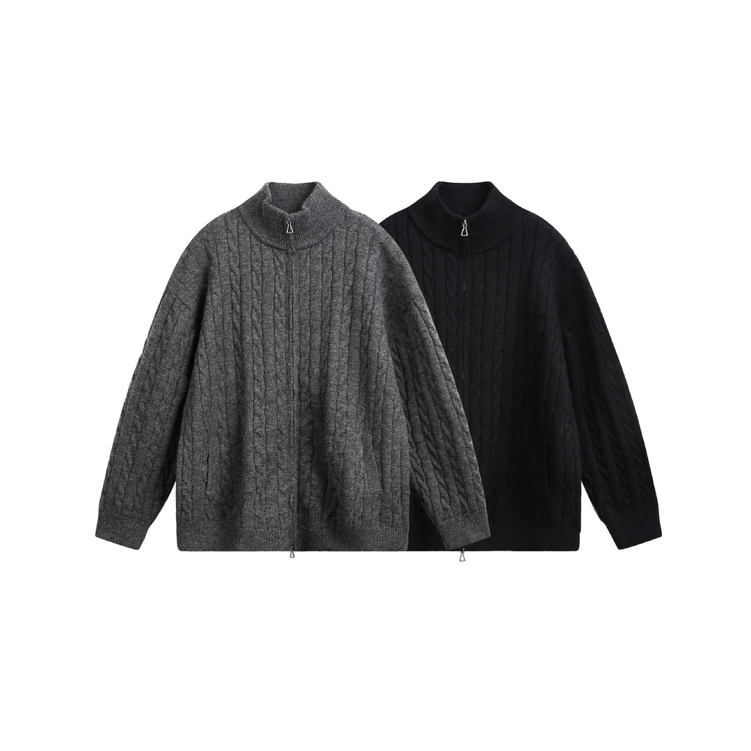 Unisex Grobstrick-Pullover mit Zopfmuster, hohem Stehkragen und Zwei-Wege-Reißverschluss Shop Nory